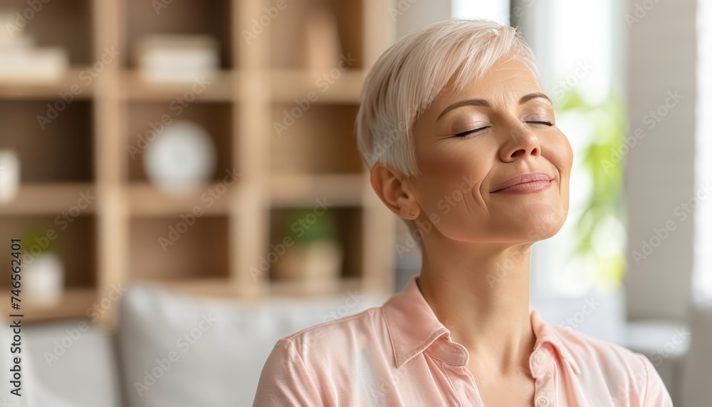 Woman meditating in bright living room, eyes closed, blurred background, copy space for text. Woman meditating in bright living room, eyes closed, blurred background, copy space for text.