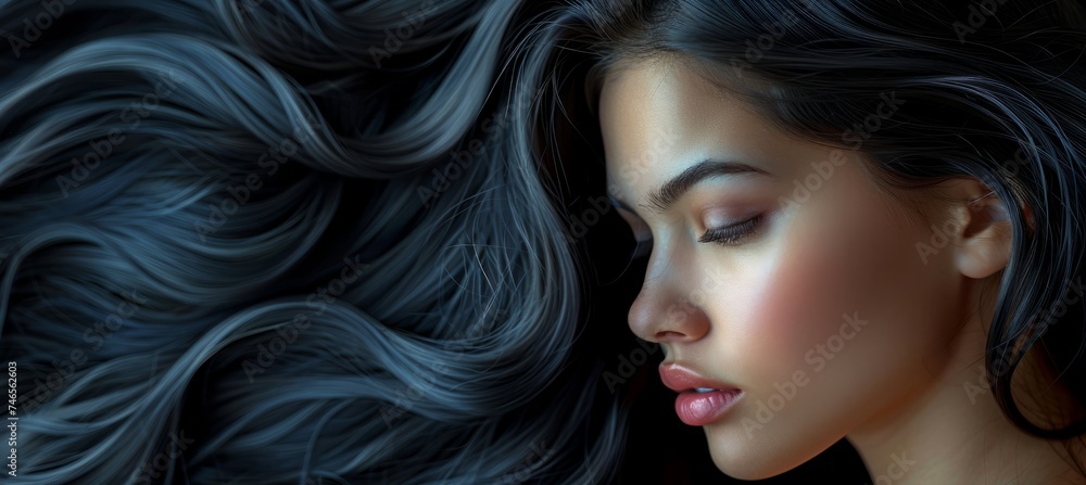 a girl with long dark brown hair, in the style of gray, glossy finish, lightbox, rtx on, romantic chiaroscuro, high definition, skillful  - obrazy, fototapety, plakaty 
