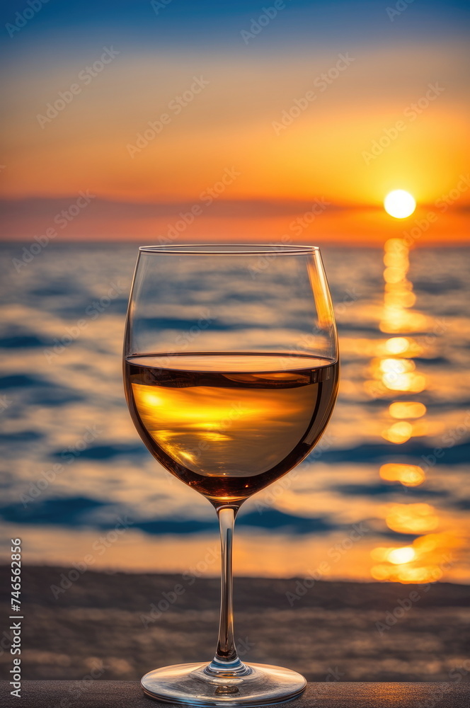 Sunset in Glass of White Wine by the Seashore
