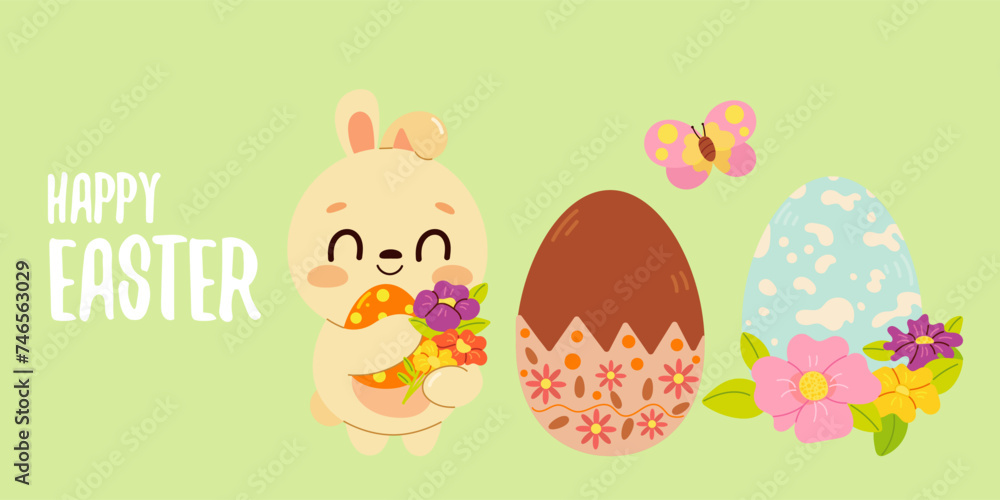 Cute Easter card set. Spring collection of animals, colorful Easter eggs and decorations. For poster, card, scrapbooking , stickers Cute Easter card set. Spring collection of animals, colorful Easter eggs and decorations. For poster, card, scrapbooking , stickers