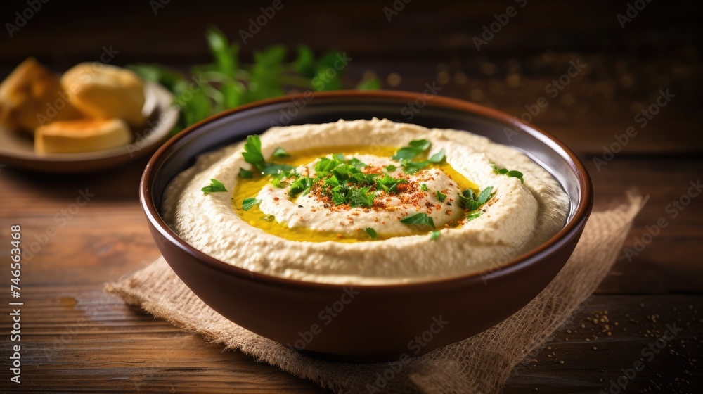 Traditional Hummus Served in a Bowl Garnished With Parsley and Paprika