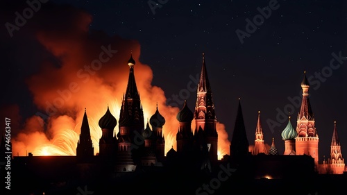 Silhouette of the burning Kremlin, night Kremlin
