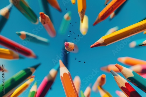 Pencils scattered in a playful arc, with one mid-air, suggesting the free flow of ideas and imagination.