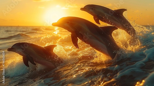 Vast expanse of Pacific Ocean pod of bottlenose dolphins leaps gracefully through the clear blue waters, their sleek bodies slicing through the waves with effortless grace © Thares2020