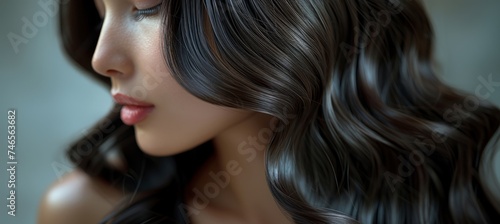 a girl with long dark brown hair, in the style of gray, glossy finish, lightbox, rtx on, romantic chiaroscuro, high definition, skillful  photo