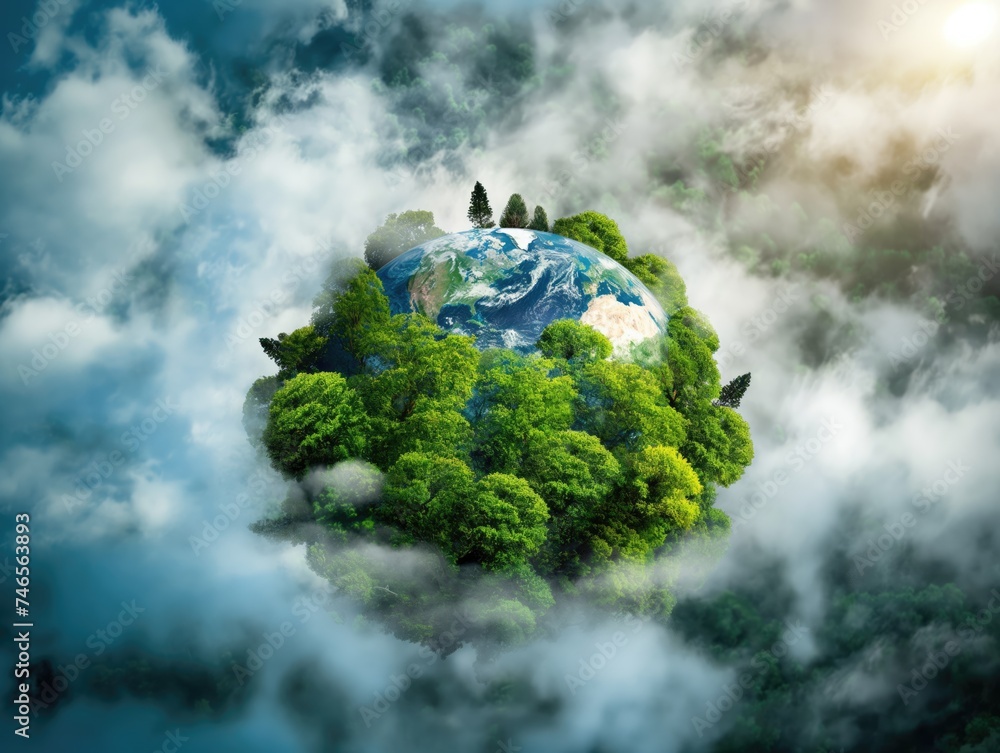 Planet Earth in the middle of a green forest - obrazy, fototapety, plakaty 