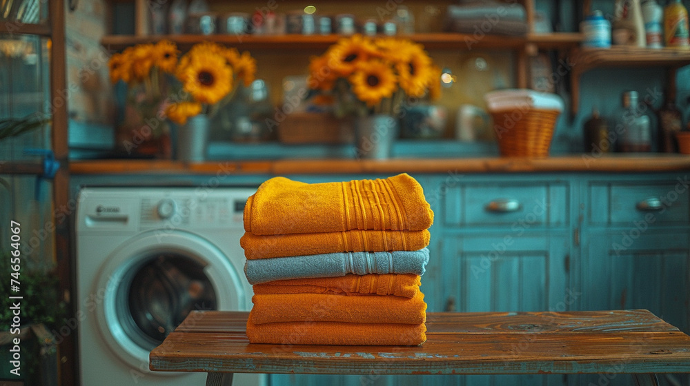 Laundry Day: Stack of Clothes Before the Washing Machine - obrazy, fototapety, plakaty 