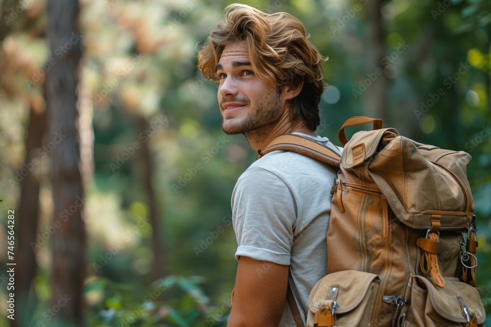 Portrait of happy smiling tourist man 30-35 years old with backpack hiking in national park. Yong man doing endurance hiking in the nature conditions. Rucking workout at the outdoor Portrait of happy smiling tourist man 30-35 years old with backpack hiking in national park. Yong man doing endurance hiking in the nature conditions. Rucking workout at the outdoor