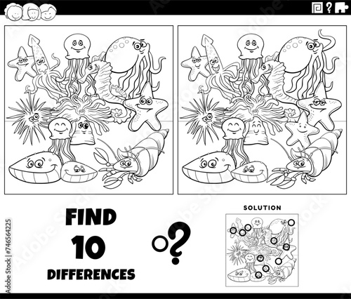 differences activity with cartoon marine animals coloring page