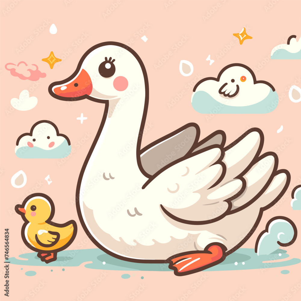 Mom goose with ducklings in cartoon minimalist Mom goose with ducklings in cartoon minimalist