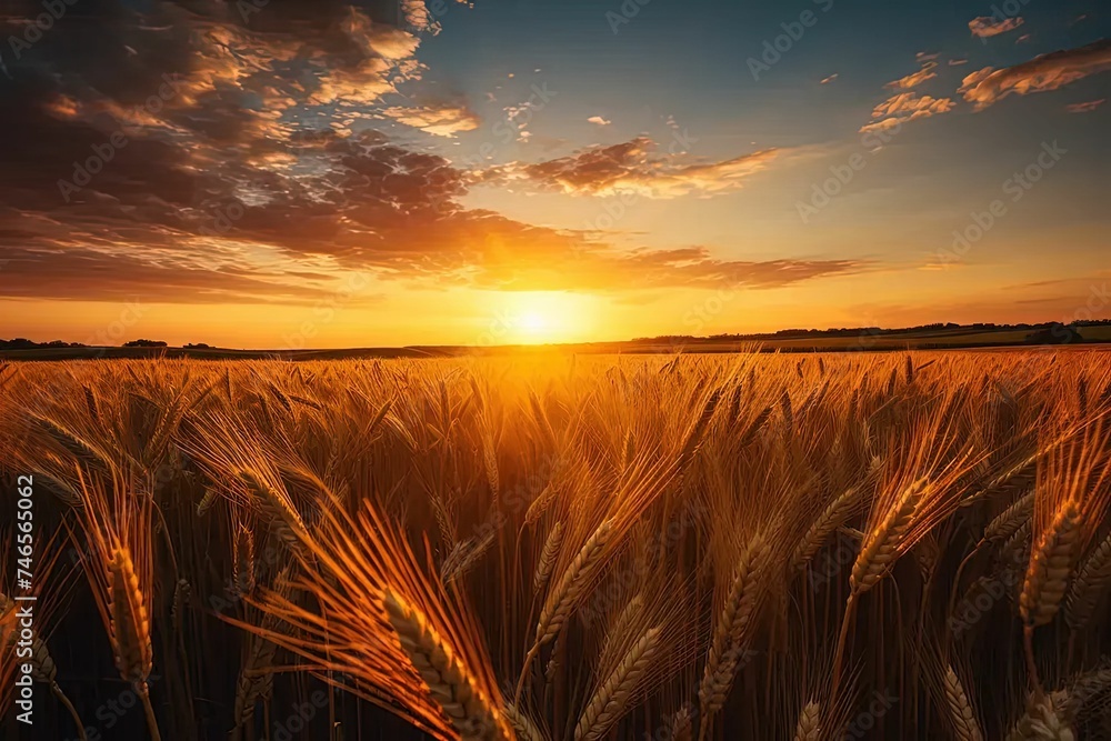 the sun is setting over a wheat field