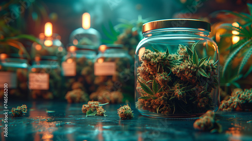 Cannabis buds in a jar for product template mockup