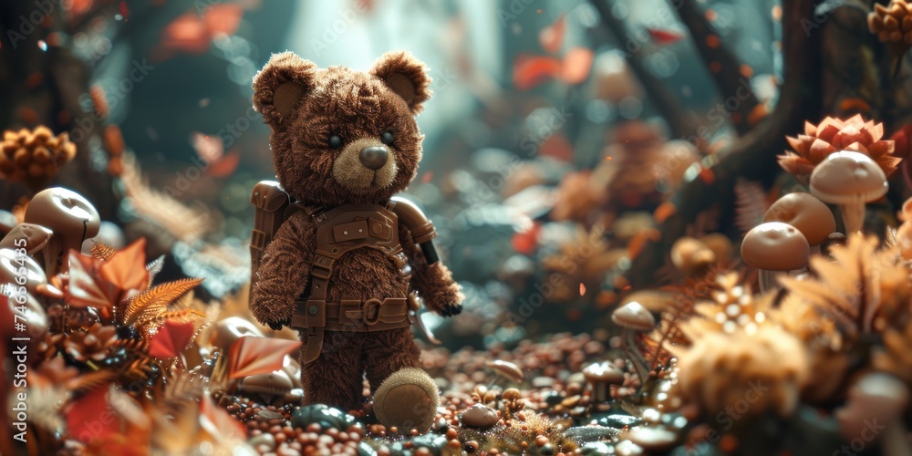 Tranquil embrace of the autumn forest, an antique teddy bear takes hesitant steps fallen leaves, its worn fur and tired eyes bearing witness to a lifetime of memories - obrazy, fototapety, plakaty 