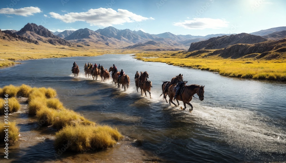 Horses with tourists crossing a river - obrazy, fototapety, plakaty 
