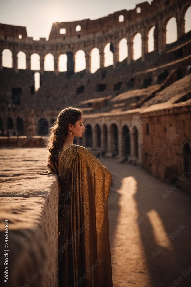 Naklejka premium Woman in Dress Standing in Front of Building, Elegant Fashion. Generative AI.