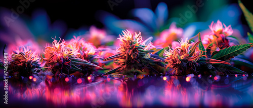 Neon vibrant colorful cannabis buds and plants, purple and pink colors