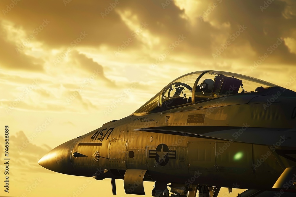 Obraz premium A fighter plane soaring through a fiery sunset