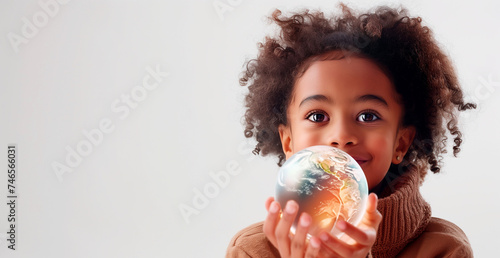 Afro American girl with the world in her hands. Concept of hope and future, Earth Day, ideal for themes of education, diversity, environmental care. Banner with copy space