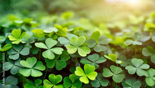 Lucky Irish four leaf clover in field. Green background with shamrocks. St. Patrick's Day holiday