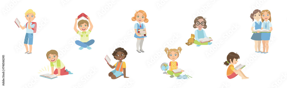 Smart Children Reading Book Study and Learning Vector Set Smart Children Reading Book Study and Learning Vector Set