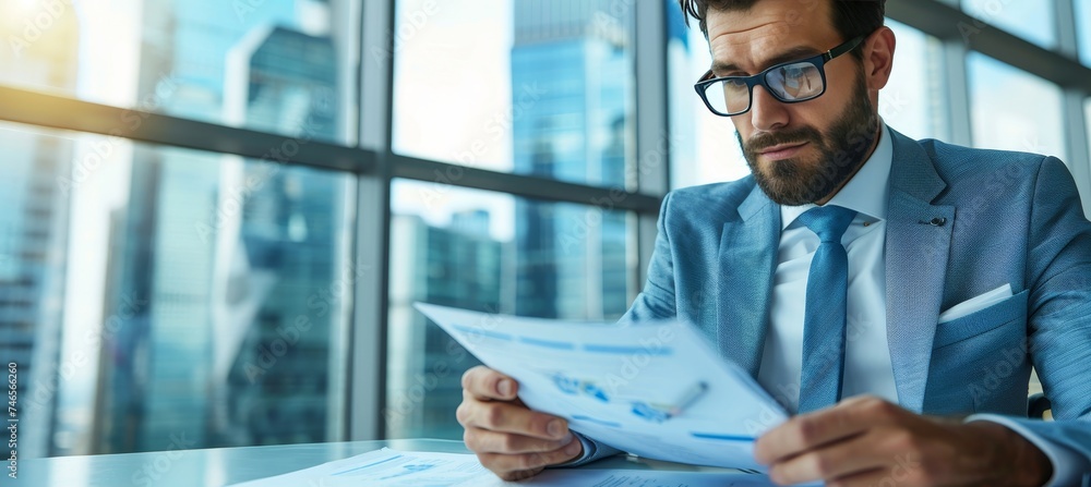 Fototapeta premium Disabled businessman in suit smiling and working in modern office with copy space for text.
