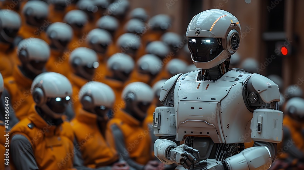 A Group of Orange and White Robots in a Cinematic Style Imaginative Prison Scene A Group of Orange and White Robots in a Cinematic Style Imaginative Prison Scene