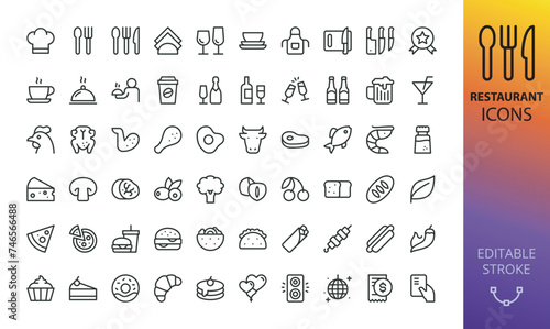 Restaurant isolated icons set. Set of restaurant food, chef hat, alcohol, seafood, lunch, continental breakfast in hotel, cafe dessert, coffee, steak, waiter vector icons with editable stroke