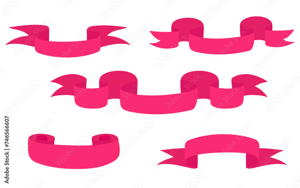 Hand drawn pink ribbon set isolated on white