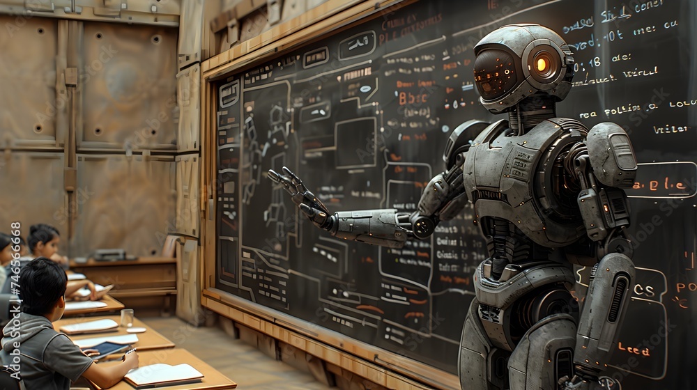 Fototapeta premium Dieselpunk Robot Teaching Students in a Classroom