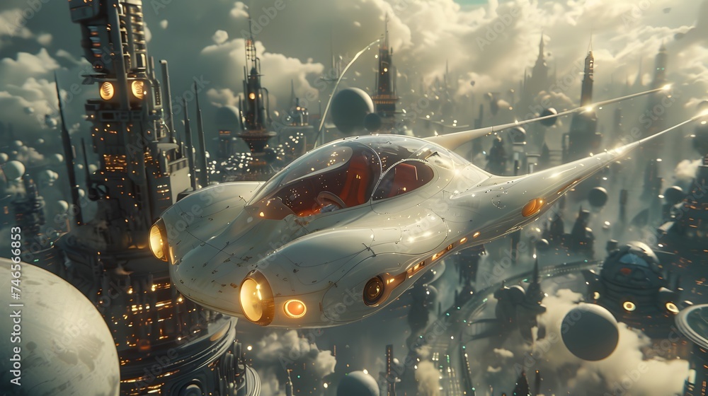 Futuristic Spaceship Flying in Art Nouveau Style Space Futuristic Spaceship Flying in Art Nouveau Style Space