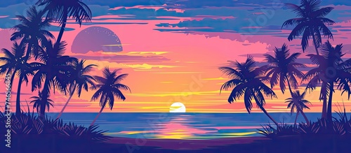 A vibrant painting capturing the beauty of a sunset casting a warm glow over a tropical beach. Palm trees stand tall in silhouette against the colorful sky, creating a serene and tranquil scene. © 2rogan