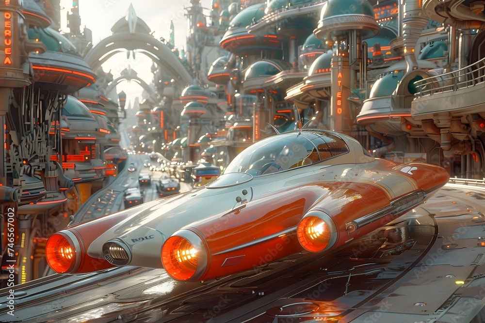 Orange Spaceship in a Futuristic Baroque City