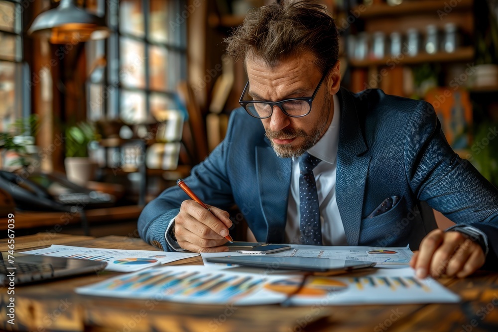 A well-dressed businessman concentrates on reviewing financial charts and graphs, displaying dedication and strategic planning in a stylish office A well-dressed businessman concentrates on reviewing financial charts and graphs, displaying dedication and strategic planning in a stylish office