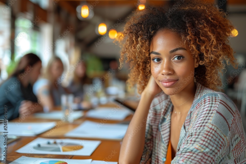 A young, attractive woman smiles subtly at a restaurant table, with friends softly blurred in background A young, attractive woman smiles subtly at a restaurant table, with friends softly blurred in background