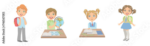 Happy Kids at School Lesson Enjoy Primary Education Vector Set