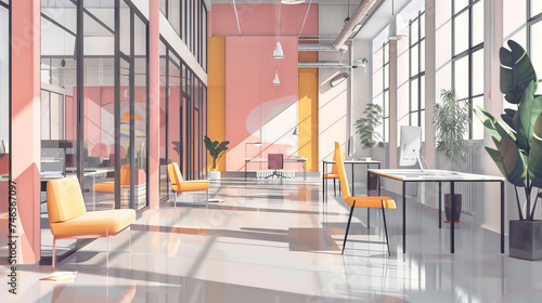 Modern Co-Working Space Set with Shared Desks, Creative Hubs, and Collaborative Areas. Concept of Flexible Workspaces and Entrepreneurial Community