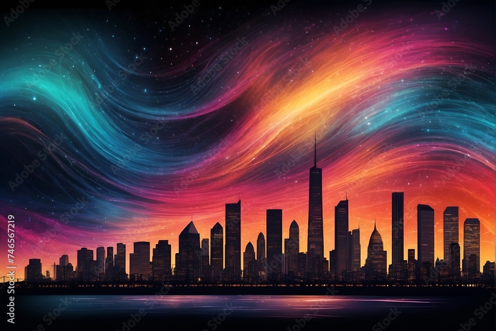 City Skyline Painting With Colorful Clouds, A Vibrant Urban Landscape Artwork. Generative AI.