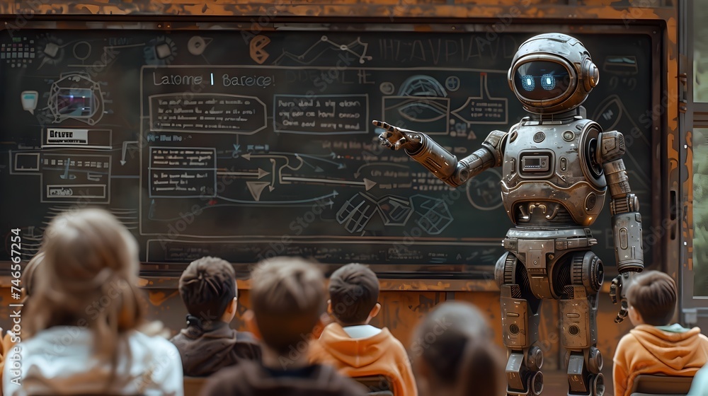 Fototapeta premium Robot Instructor in a Grey Academia Classroom