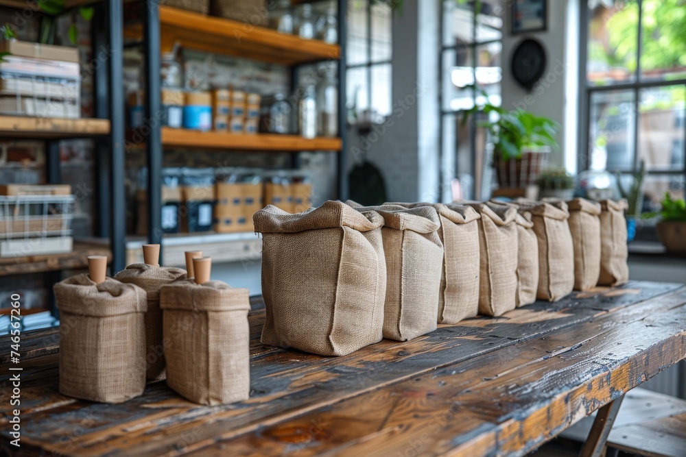 Rows of burlap sacks with wooden scoops are neatly arranged on a rustic wooden table, giving a natural and organic feel to the store interior Rows of burlap sacks with wooden scoops are neatly arranged on a rustic wooden table, giving a natural and organic feel to the store interior