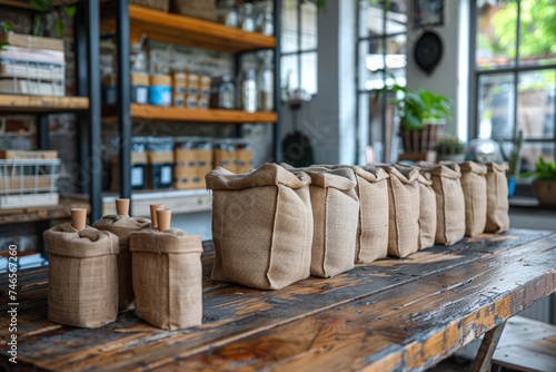 Rows of burlap sacks with wooden scoops are neatly arranged on a rustic wooden table  giving a natural and organic feel to the store interior