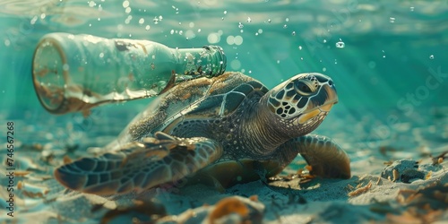 Turtle in Sea. Plastic Bottle Pollution Threatens Wildlife Habitat. Animal Nature and Marine Life in Tropical Waters. Reptile Swimming Among Underwater Coral Reefs © Thares2020