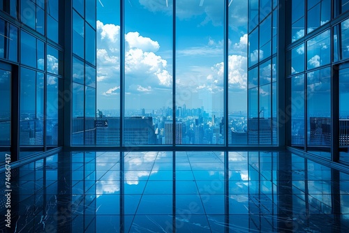 A stunning view from inside a modern glass building  overlooking a cityscape with skyscrapers under a clear blue sky