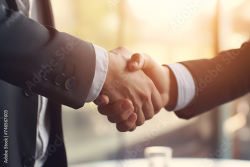 Business partnership meeting. Picture businessmans handshake. Successful businessmen handshaking after good deal. Horizontal, in office blurred background photo