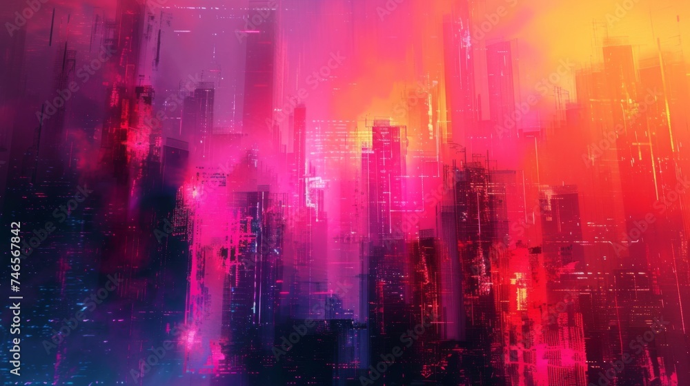 An abstract depiction of a cityscape disrupted by vibrant glitch art distortions, creating a chaotic yet captivating visual experience. - obrazy, fototapety, plakaty 