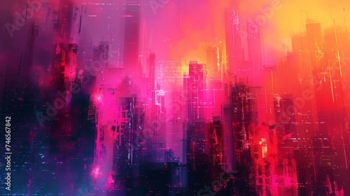 An abstract depiction of a cityscape disrupted by vibrant glitch art distortions  creating a chaotic yet captivating visual experience.