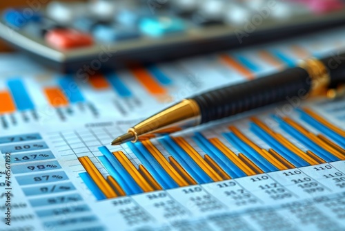 Detailed shot of a pen resting on colorful financial graphs and charts  symbolizing data analysis and business planning