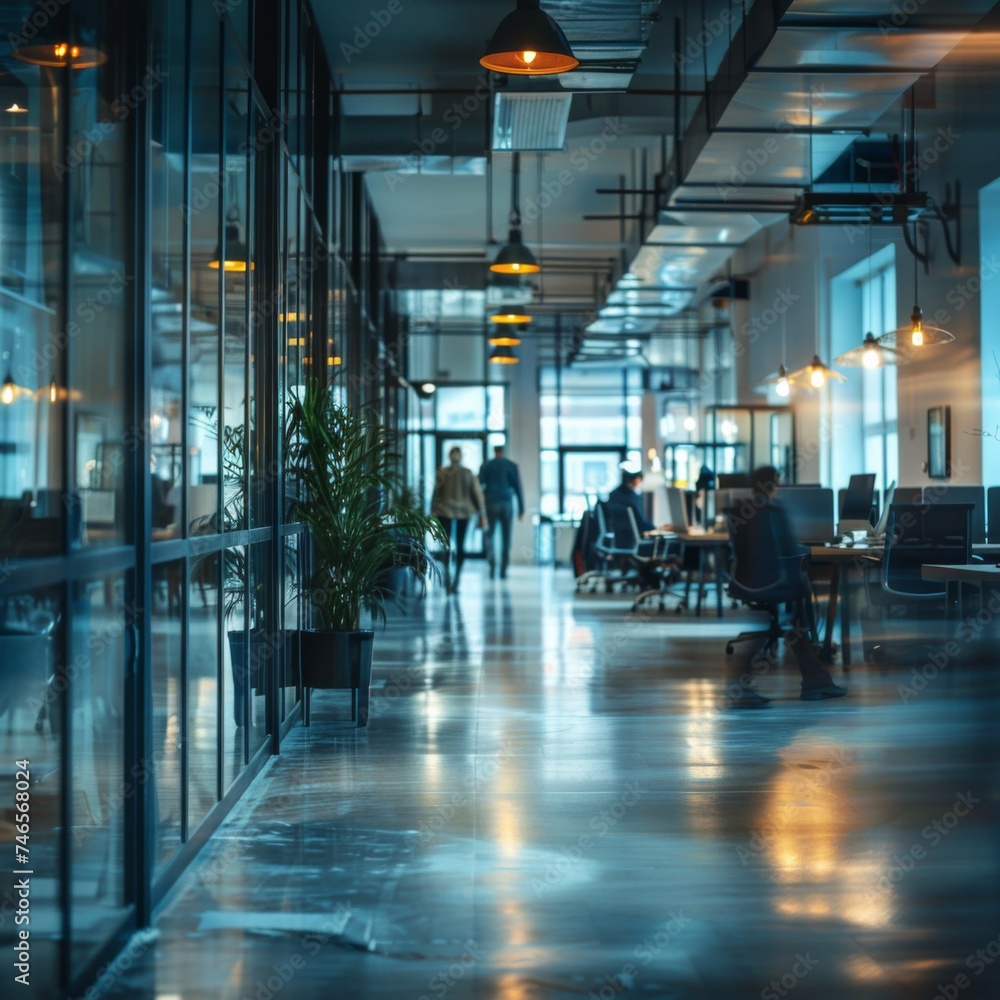 Contemporary office interior with a warm, welcoming ambient lighting, showcasing a comfortable and productive workspace. Contemporary office interior with a warm, welcoming ambient lighting, showcasing a comfortable and productive workspace.