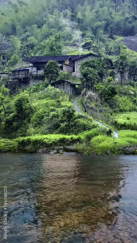 Japanese garden with bridge, Green fields with mountains in the countryside. Japanese garden with bridge, Green fields with mountains in the countryside.