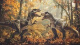 two tyranosaurs fighting in a jurassic forest 