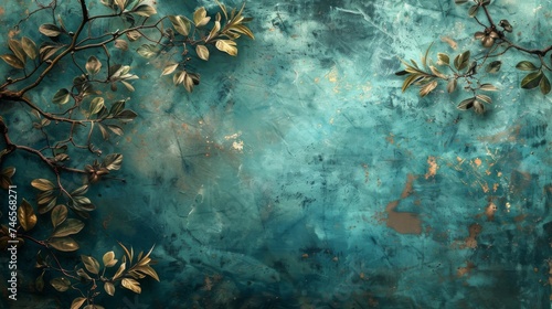 Stunning visual composition featuring botanical branches against a vibrant, textured blue backdrop with golden accents.